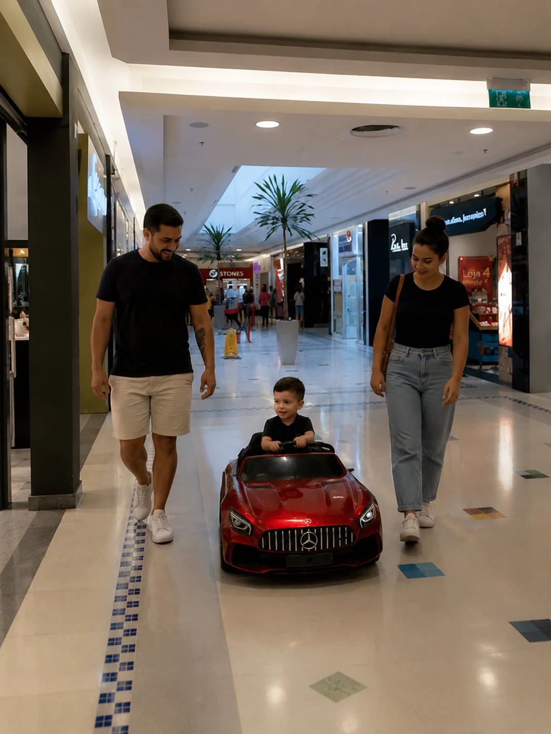 Família acompanhando a criança durante o passeio Dionelly no shopping